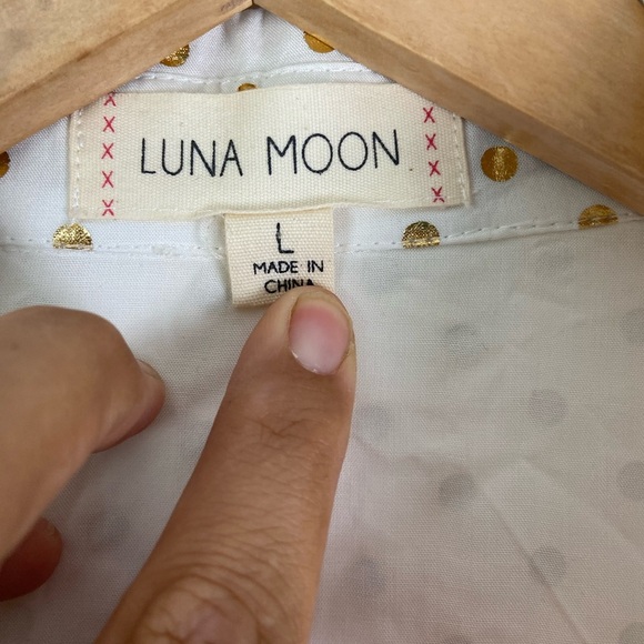 Luna Moon Women's large, gold poke-a-dot, empire waist, botton up blouse. - Picture 2 of 5